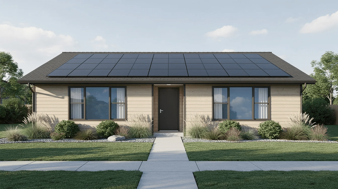 2756cd2a-dc11-4f75-b762-ac268d128c35 - Ranch Style Homes USA The image depicts a ranch-style home with a well-maintained exterior and clean landscaping, featuring solar panels installed on the roof, highlighting the use of a solar energy system for sustainable power. This setup not only enhances the property's aesthetic but also offers potential savings on electricity bills and long-term solar investment benefits.