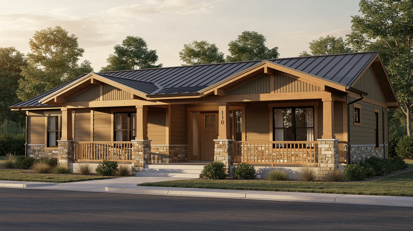 2f5a56d8-cc22-43c1-abc6-a75b2d82c19c - Ranch Style Homes USA The image depicts a modern craftsman ranch style house featuring a broad covered front porch supported by tapered columns, stone accents, and a wide horizontal form that emphasizes quality craftsmanship. The design showcases natural materials and large windows, typical of the craftsman style, creating a warm and inviting exterior.
