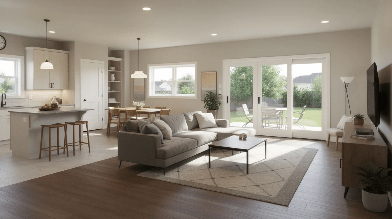 313ae912-6d65-45dd-80aa-09041fd3fb53 - Ranch Style Homes USA The interior of a ranch home features an open-concept layout with clearly defined living spaces, including a family room that connects directly to the kitchen. Large windows allow for ample natural light, creating a relaxed atmosphere that emphasizes functional living and easy access to the outdoor patio through sliding or French doors.