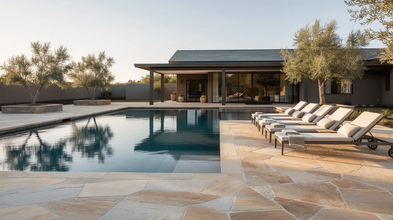 35b25c2c-8ee5-4791-8b70-15f05996112a-1 - Ranch Style Homes USA The image features a dark-bottom ranch pool surrounded by flagstone decking, complemented by comfortable lounge chairs and small trees that enhance the landscape design. This inviting backyard space is perfect for relaxing on hot days, providing a stylish and functional area for family and guests.
