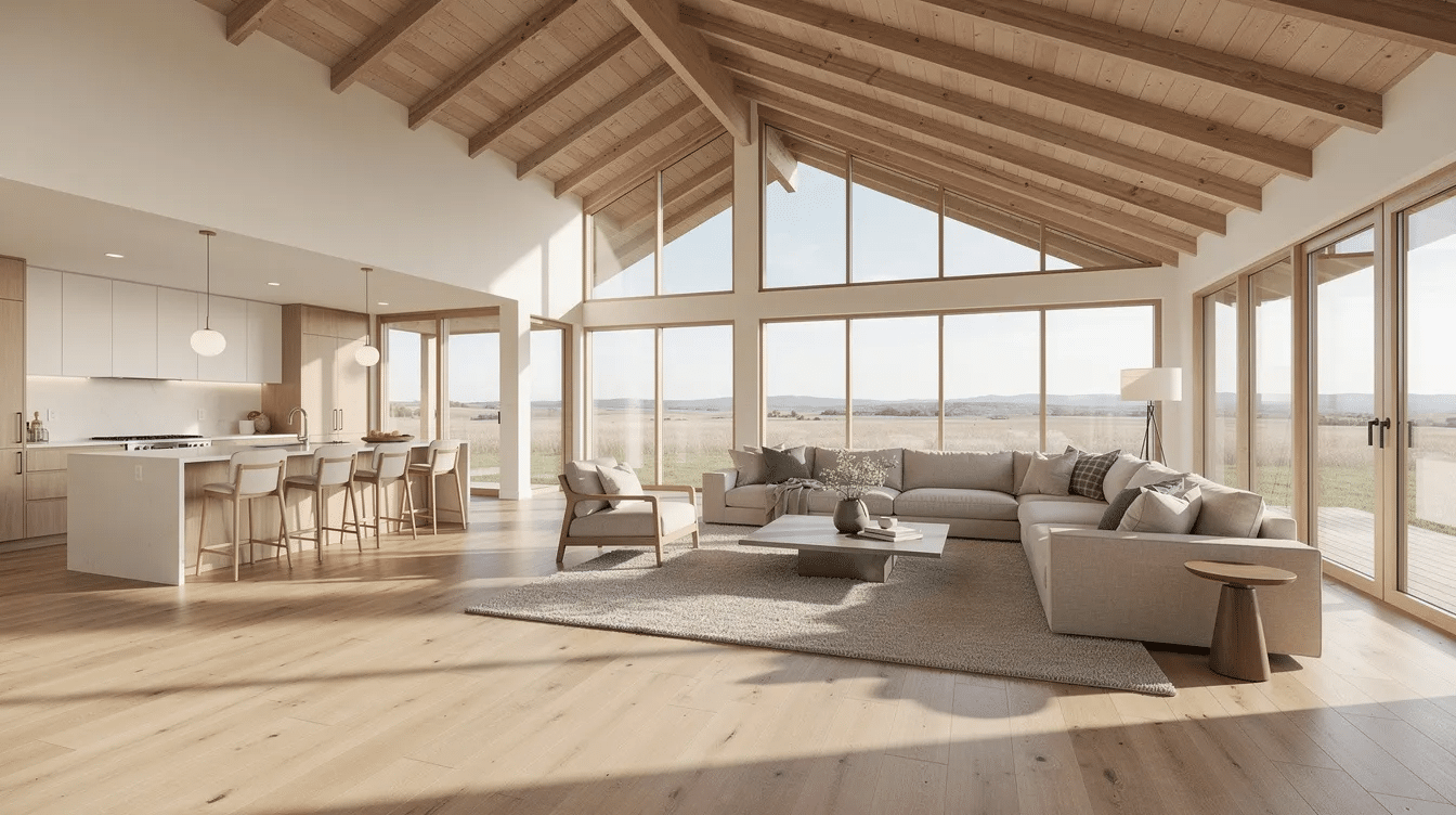 3954d003-c923-45e9-ab7a-49851c322e3b - Ranch Style Homes USA The image showcases the interior of a ranch-style home featuring a vaulted ceiling and large windows that create an airy living space. The unified flooring and modern finishes enhance the inviting atmosphere, making it a beautiful project for those seeking ranch house remodel ideas.