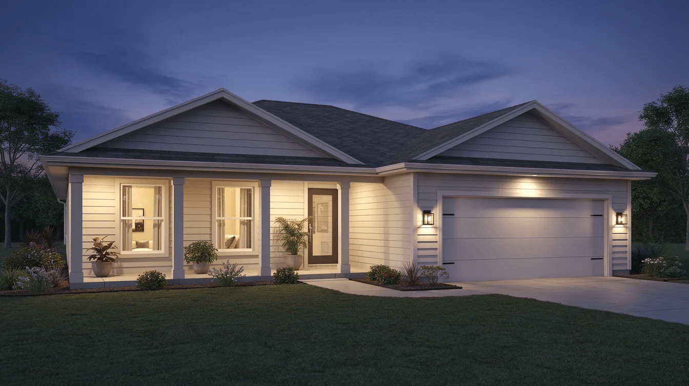 3e3b1782-7434-4191-9253-d9841ae024a7-1 - Ranch Style Homes USA The image depicts a contemporary ranch-style home at dusk, featuring a covered porch and an attached garage. The exterior showcases horizontal siding, with warm interior lights illuminating the living spaces, creating an inviting atmosphere for outdoor living.