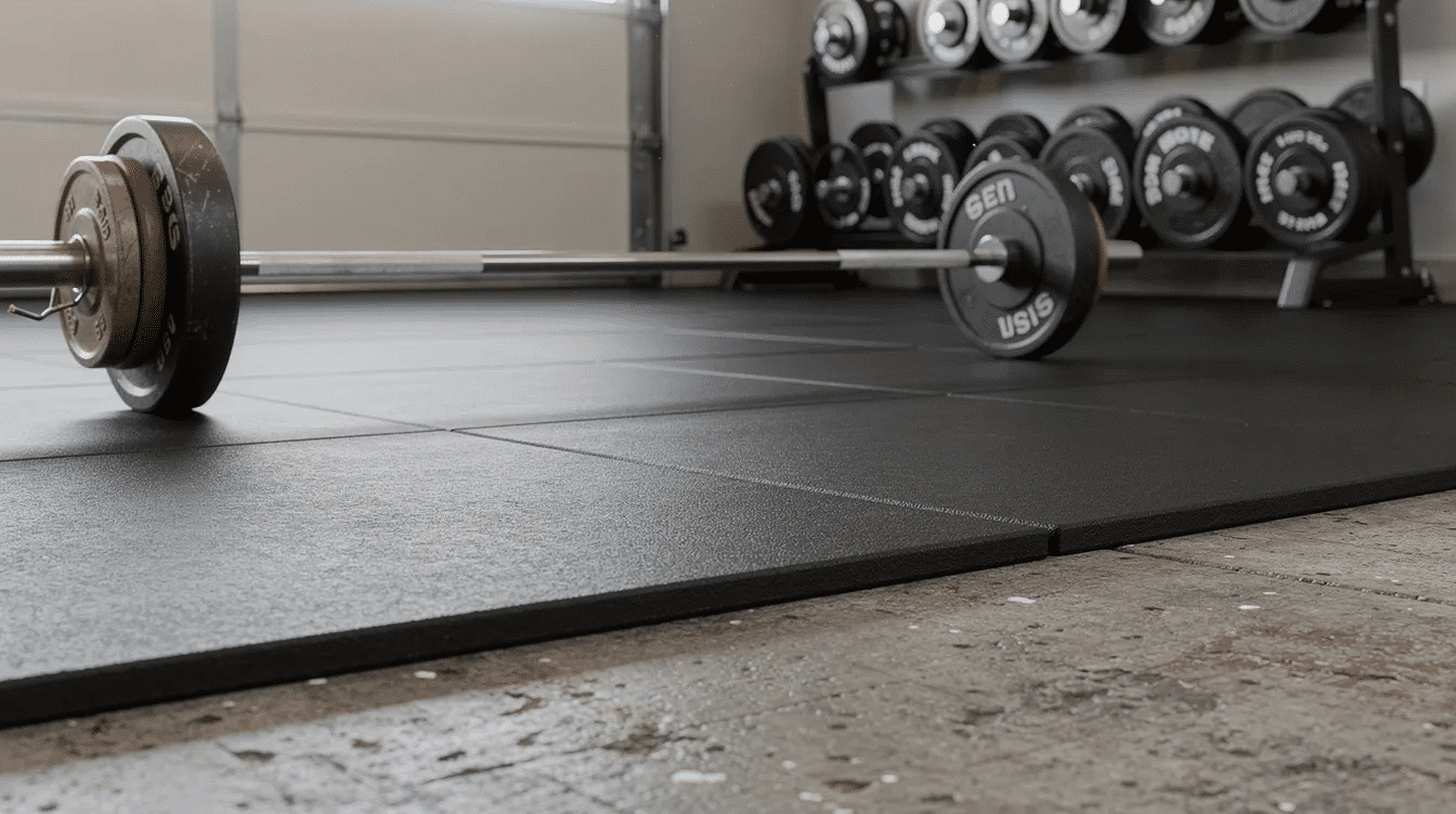 433edb14-9c64-4f27-a460-222bea1d29d6 - Ranch Style Homes USA The image shows a close-up of thick rubber mats laid on a concrete garage floor, featuring a barbell and bumper plates alongside neatly stored weight plates, creating an organized workout space for a home gym. This setup is ideal for strength training and various fitness goals in a garage gym environment.