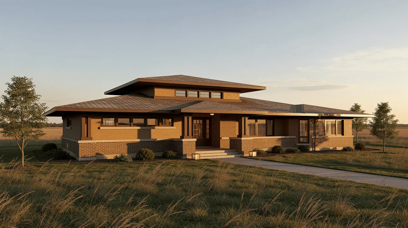 48b81de6-7e16-467b-b892-46f934458851 - Ranch Style Homes USA The image depicts a prairie style home characterized by its clean lines and use of natural materials, reflecting the principles of prairie architecture popularized by Frank Lloyd Wright. Surrounded by a beautiful landscape, the house features large windows that invite daylight into the living spaces, showcasing a harmonious blend of indoor and outdoor elements.