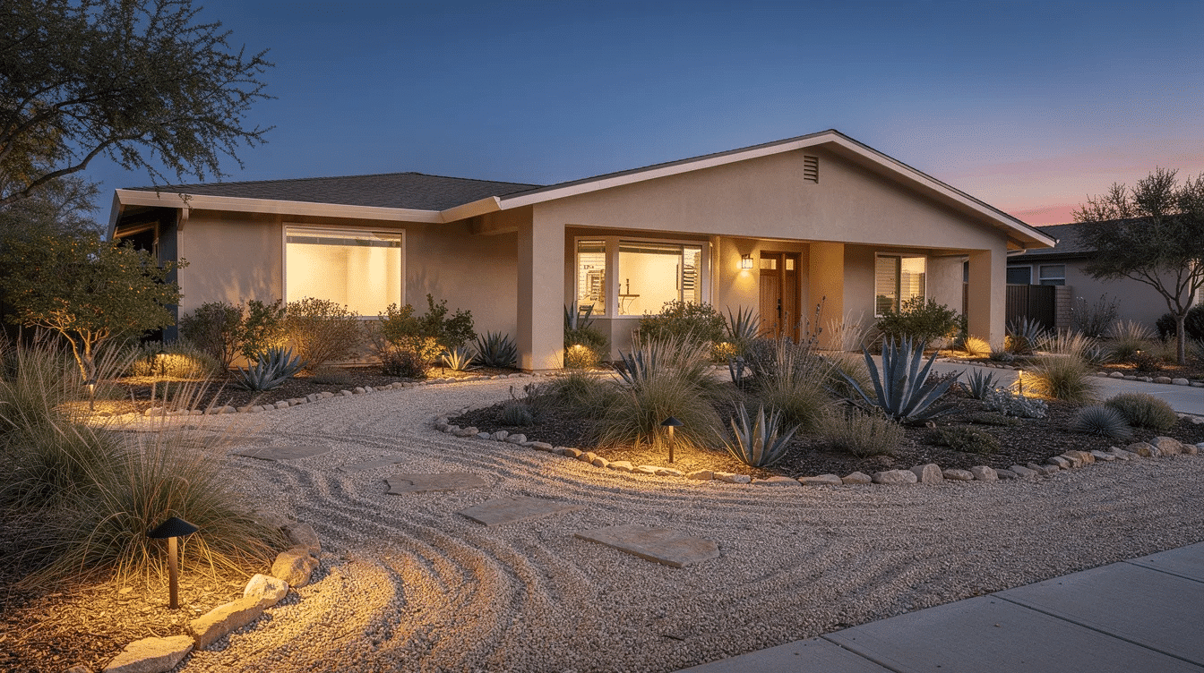 49a1095f-b531-4e14-959c-c3c38c1ad7cf - Ranch Style Homes USA The image features a cozy stucco ranch house with a warm exterior, surrounded by drought-tolerant plants and a gravel path. Evening garden lighting enhances the home's curb appeal, creating a welcoming atmosphere.