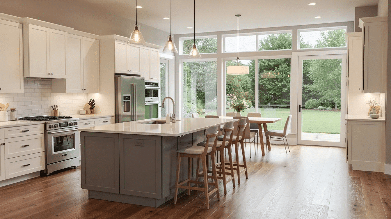 4a6b52e1-0db3-4969-b87a-781ea61a0a69 - Ranch Style Homes USA The image depicts a bright and spacious ranch-style kitchen featuring a rear bump out, which allows for large windows that fill the space with natural light. The kitchen includes a central island and polished wood floors, creating a warm and inviting atmosphere that connects to a large backyard.