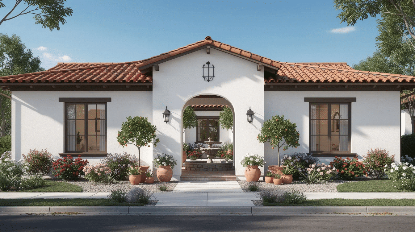 4adfb058-3bd7-4f3f-b97a-efb39aaed440 - Ranch Style Homes USA The image features a white stucco ranch home with a red clay roof, showcasing elements of Spanish colonial architecture. Surrounding the house is a charming courtyard garden, enhancing the home's aesthetic and inviting outdoor space.