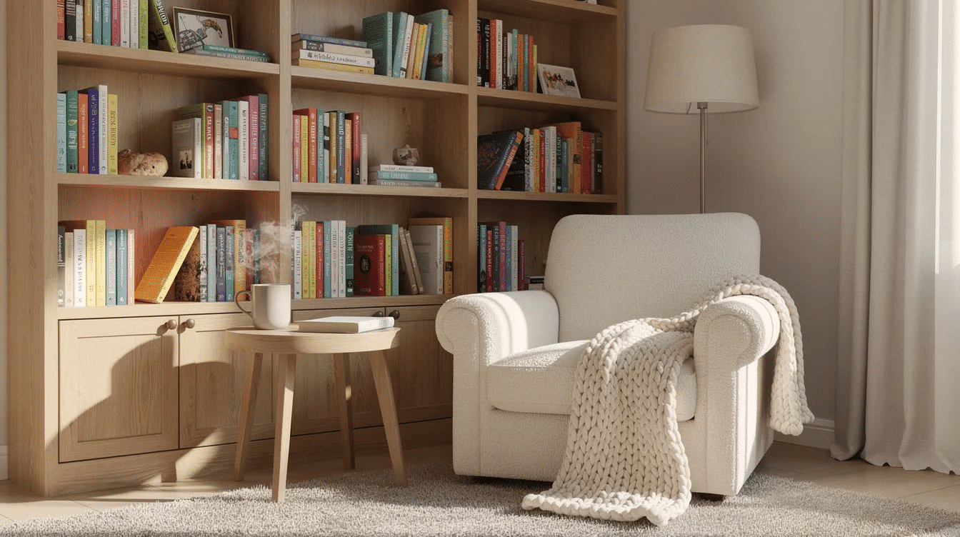 4bfea1df-97d4-4c5b-890f-7874fb638367 - Ranch Style Homes USA The image depicts a cozy reading nook featuring built-in bookshelves filled with books and a soft, inviting chair, perfect for relaxation. This bonus room serves as an ideal escape for homeowners seeking a quiet space to focus on their reading or hobbies.