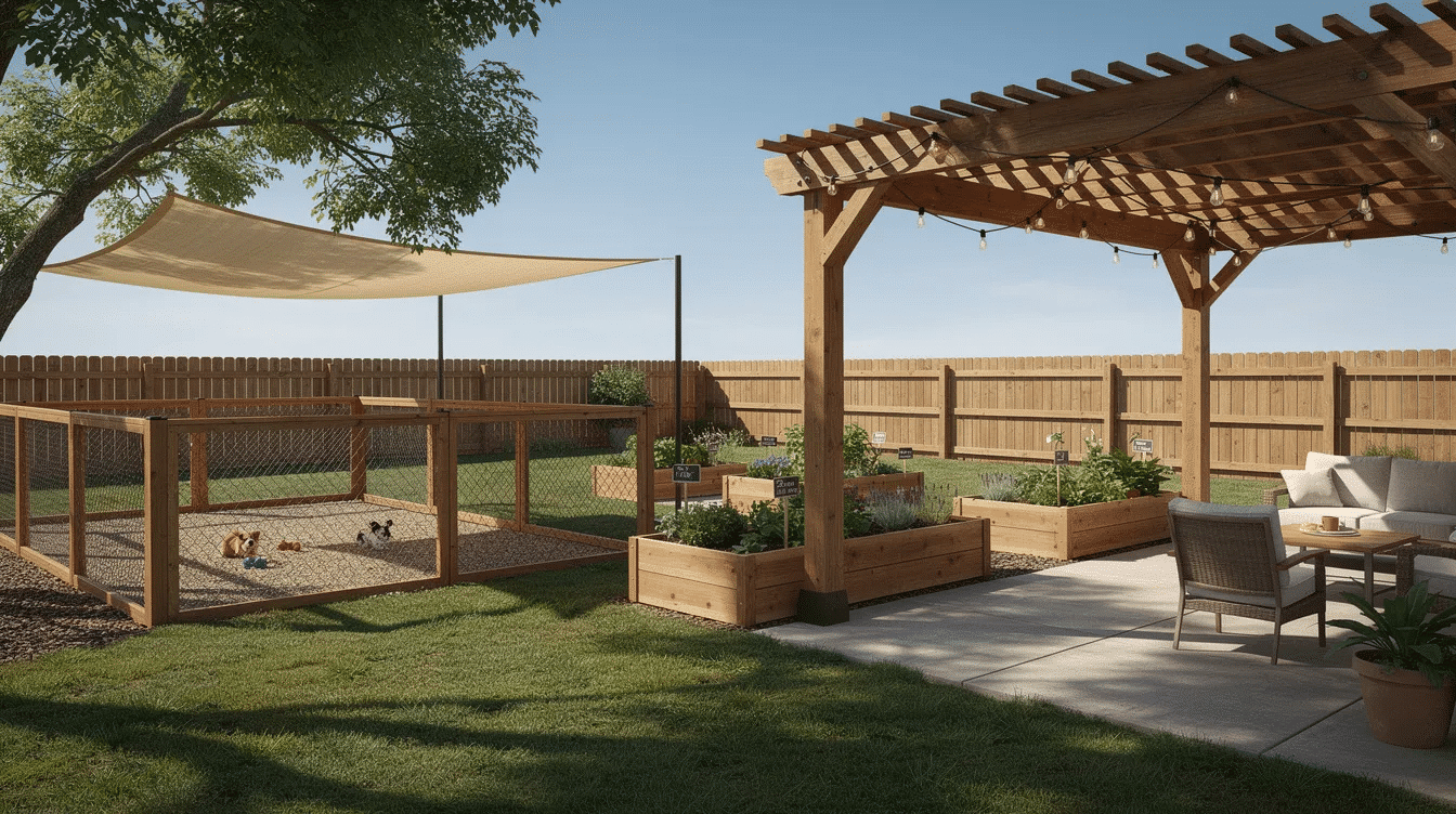 4c07afa1-98c7-4cb3-84a6-9ef8f44d44b2 - Ranch Style Homes USA The image showcases a fenced ranch backyard featuring a covered patio and a shaded dog run, providing a welcoming environment for furry family members. The safe garden beds and outdoor living areas create a perfect blend of functionality and style for pet owners and their pets.