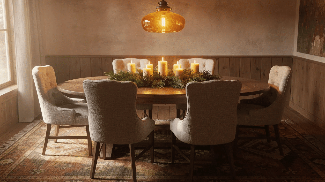 5173f2b3-4ec8-4ef9-8f38-ba98cac4ba19 - Ranch Style Homes USA The image depicts a cozy ranch dining room featuring an oval wood table surrounded by upholstered chairs, illuminated by a warm amber pendant light. The table is adorned with candles and a cedar centerpiece, while a patterned rug adds texture to the space, creating an inviting atmosphere perfect for fall and winter gatherings.