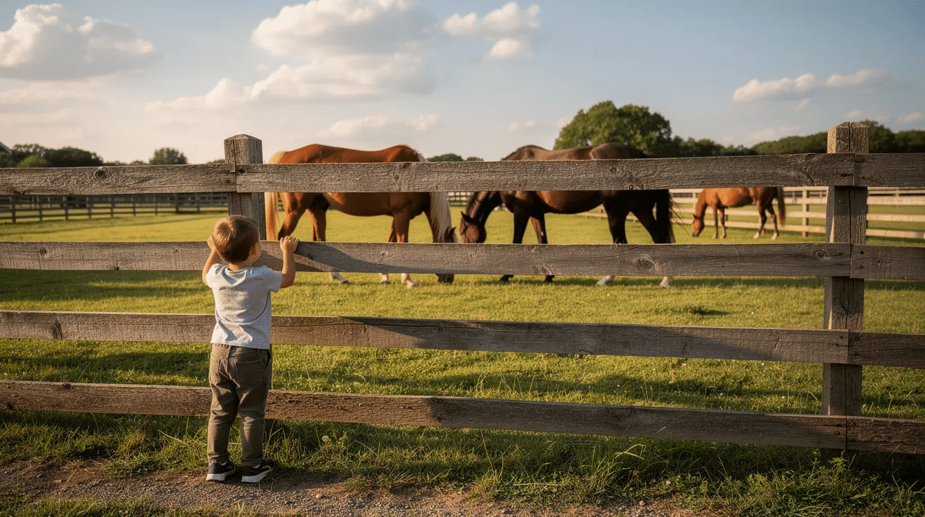 53219dd7-9288-4a73-b5bf-c5212a610611 - Ranch Style Homes USA A young child is standing outside a fence, watching horses in a safe place on a farm, demonstrating the importance of farm safety while teaching kids to respect animals from a distance. The scene emphasizes the need for safety rules around animals and the use of childproof devices to ensure young children's well-being.