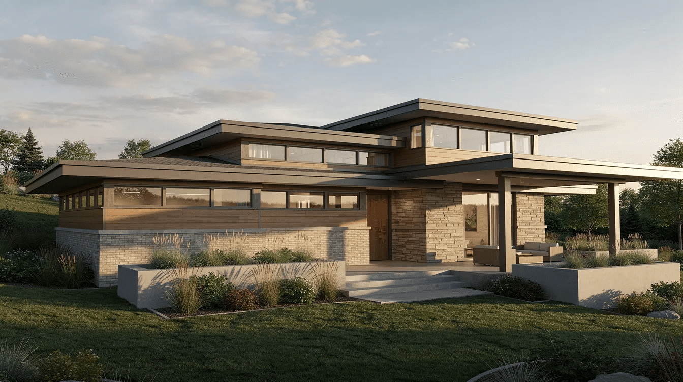 541f1719-8a66-4de4-9c1b-c3c33b61bd2b - Ranch Style Homes USA The image showcases a modern prairie style home characterized by its low, horizontal silhouette and wide eaves that blend seamlessly with the surrounding landscape. Featuring natural materials like stone and wood in earth-tone colors, the house has ribbon-like windows and deep overhangs that enhance its architectural design while inviting ample natural light into the living spaces.