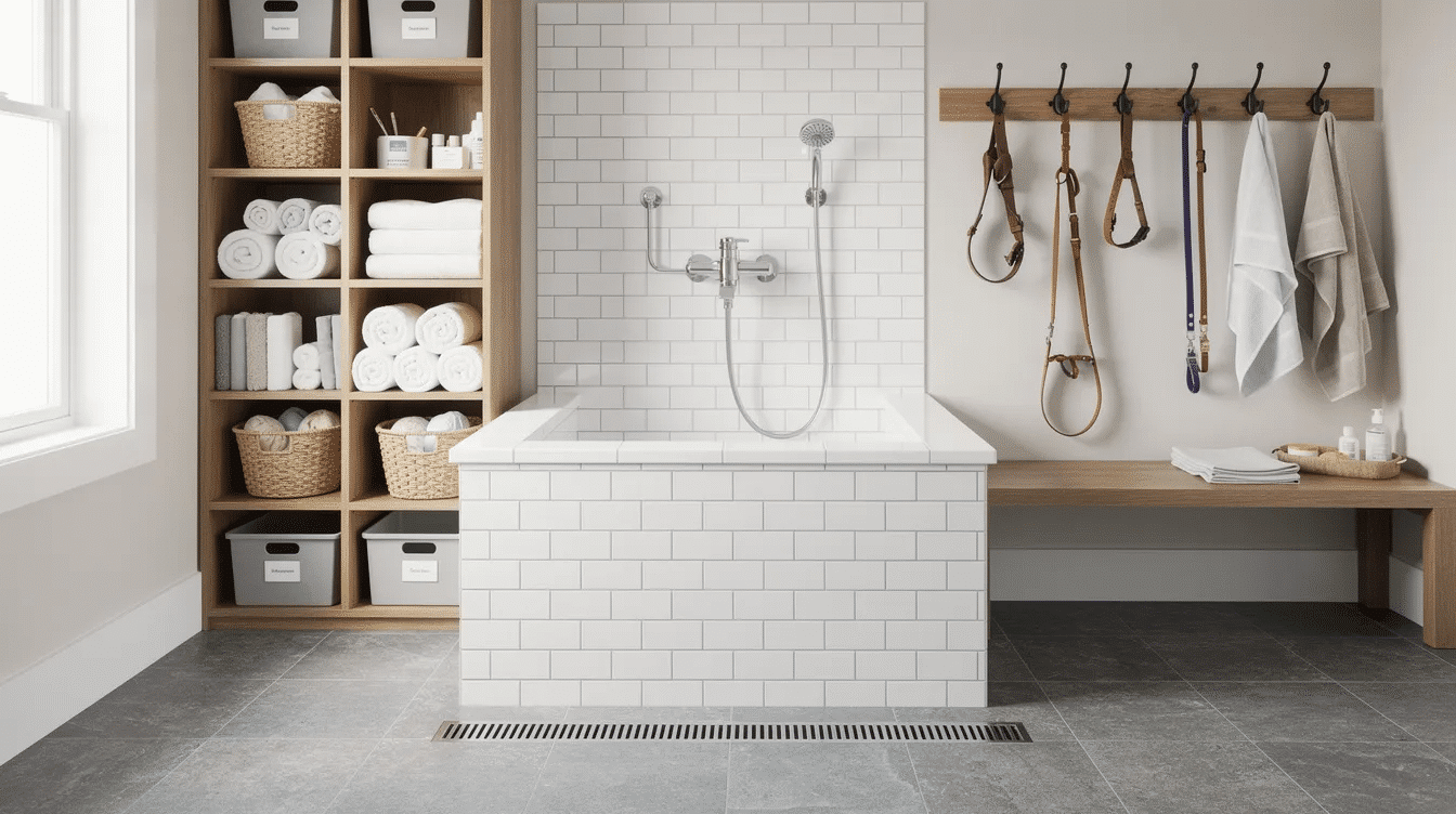 55164b7c-879b-4041-abd9-f31d9db9f675 - Ranch Style Homes USA The image depicts a tiled laundry room designed as a pet washing station, featuring storage cubbies for pet toys and supplies, hooks for towels, and a comfortable bench. This pet-friendly space is perfect for pet owners looking to keep their furry family members clean while enhancing the functionality of their home.