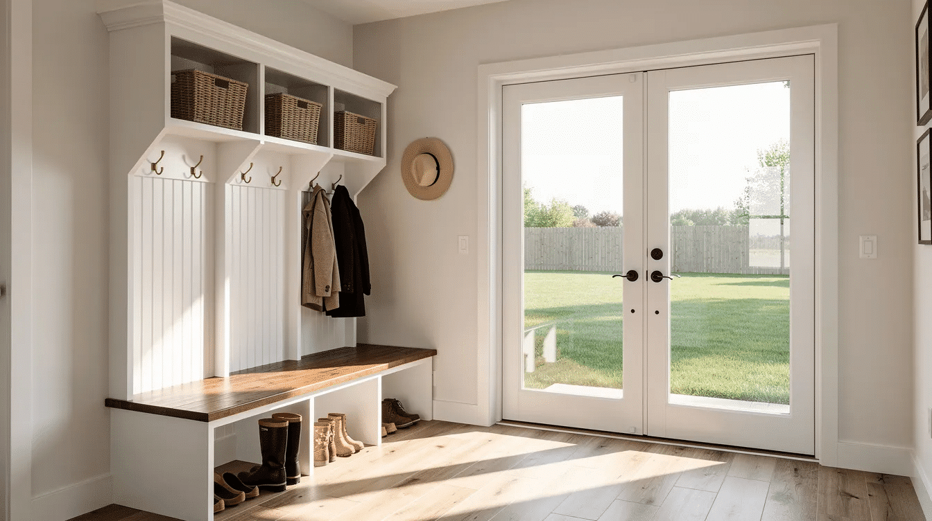 57fd2a5c-ce84-4d51-9620-c5524b3587f6 - Ranch Style Homes USA The image depicts a bright ranch-style mudroom featuring organized cubbies and comfortable bench seating, with a glass door providing easy access to the backyard. This inviting space enhances the existing home's footprint, adding functional living space ideal for a family.