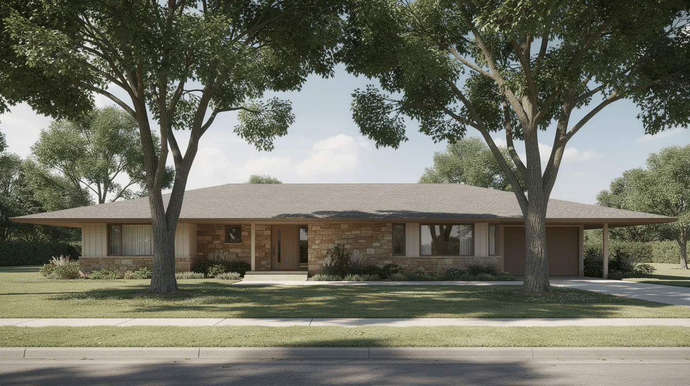 57ff4b0b-cc38-4b0b-b554-f13706d9fa21-1 - Ranch Style Homes USA The image features a single-story ranch house with a broad roof, surrounded by mature trees that provide shade and natural light. This ranch-style home can benefit from energy efficiency upgrades, such as proper insulation and air sealing, to save energy and reduce energy bills.