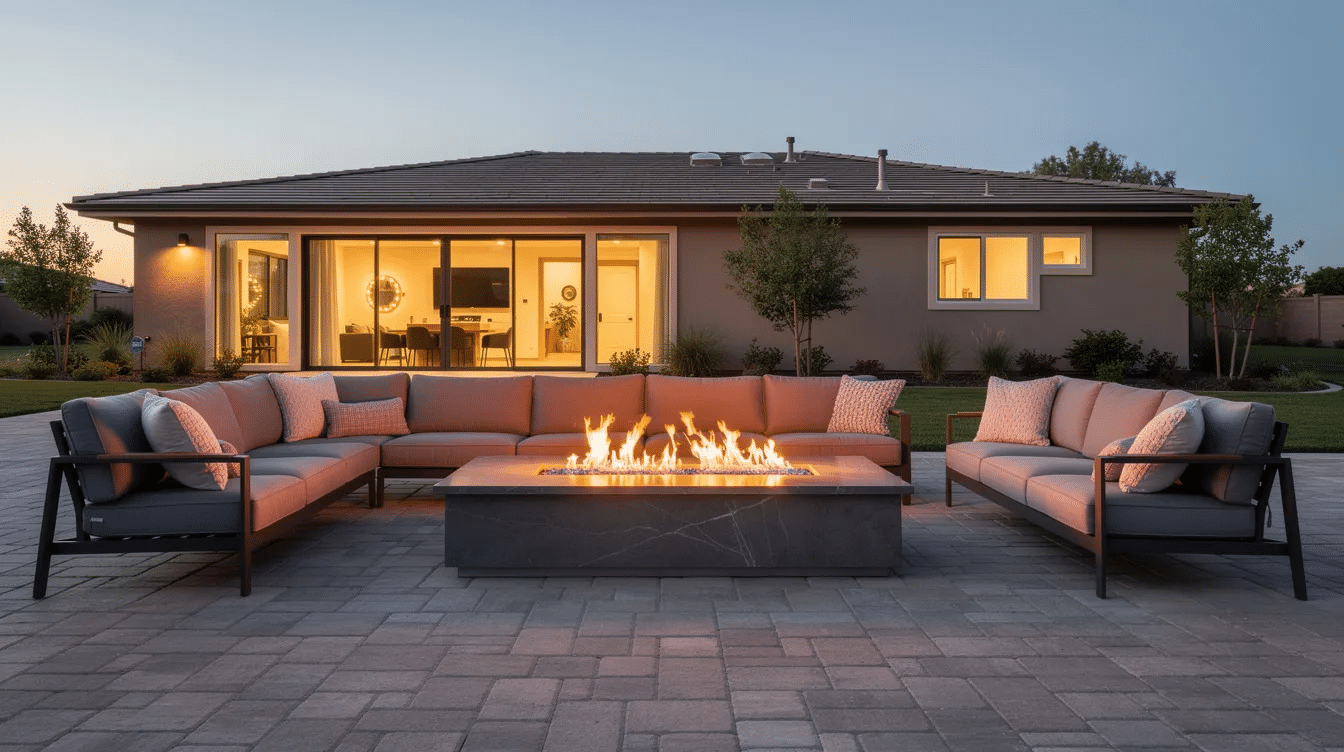 58552aca-40b0-4f92-ac9a-7eefe945a214 - Ranch Style Homes USA The image depicts a stylish outdoor space featuring a rectangular fire pit table surrounded by comfortable sofa seating, all set on a paver patio. The low ranch-style architecture creates a cozy fire pit area, perfect for gatherings and relaxation.