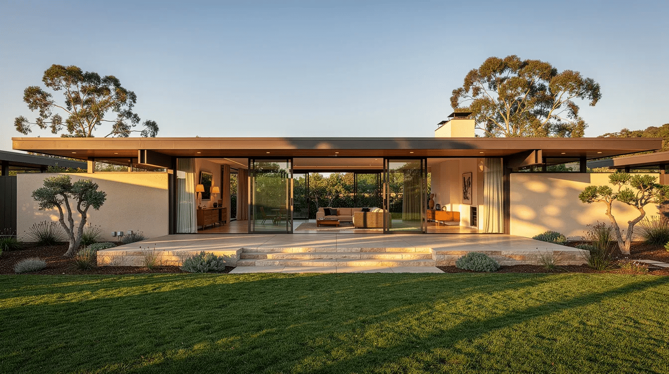 599350ab-b443-4c63-a119-4bbfc2265e83 - Ranch Style Homes USA This image features a midcentury California ranch home characterized by its low roofline, large glass walls, and a spacious patio that seamlessly connects to the lawn. The design reflects the simplicity and elegance of ranch style architecture, showcasing wide open spaces and an inviting outdoor living area.
