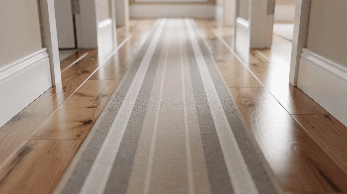 5a4620da-0287-416f-ab1c-ff1fec13c15e - Ranch Style Homes USA A close-up view of a long narrow hallway featuring beautiful hardwood floors, complemented by a striped runner rug and crisp white baseboards. This design choice adds visual interest to the space, creating a warm and inviting atmosphere.