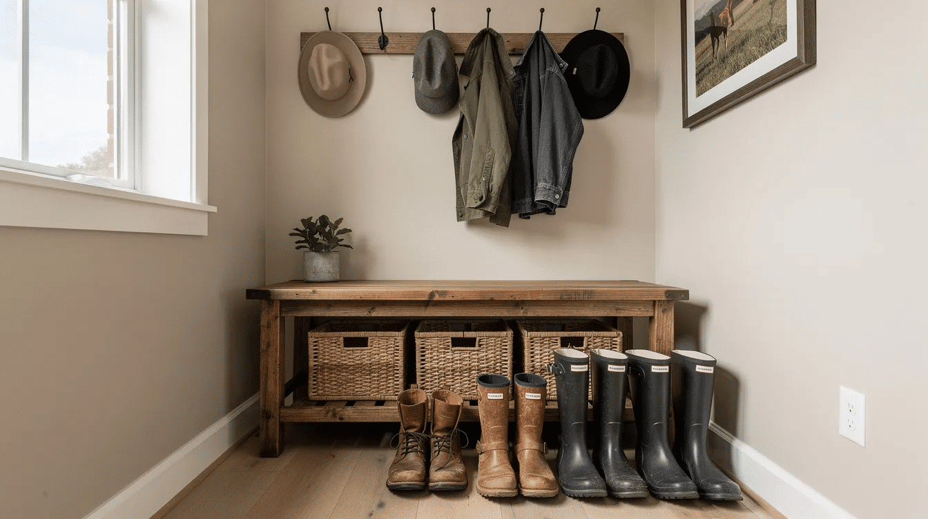 5a8fd4db-28e2-4e65-b7ec-30ecedc13e9a - Ranch Style Homes USA The image features a cozy small ranch home mudroom, showcasing a wooden bench along the wall, hooks for hanging coats and bags, and organized baskets for additional storage. Boots are neatly placed on the floor, creating a functional and inviting space for transitioning from the outdoors.