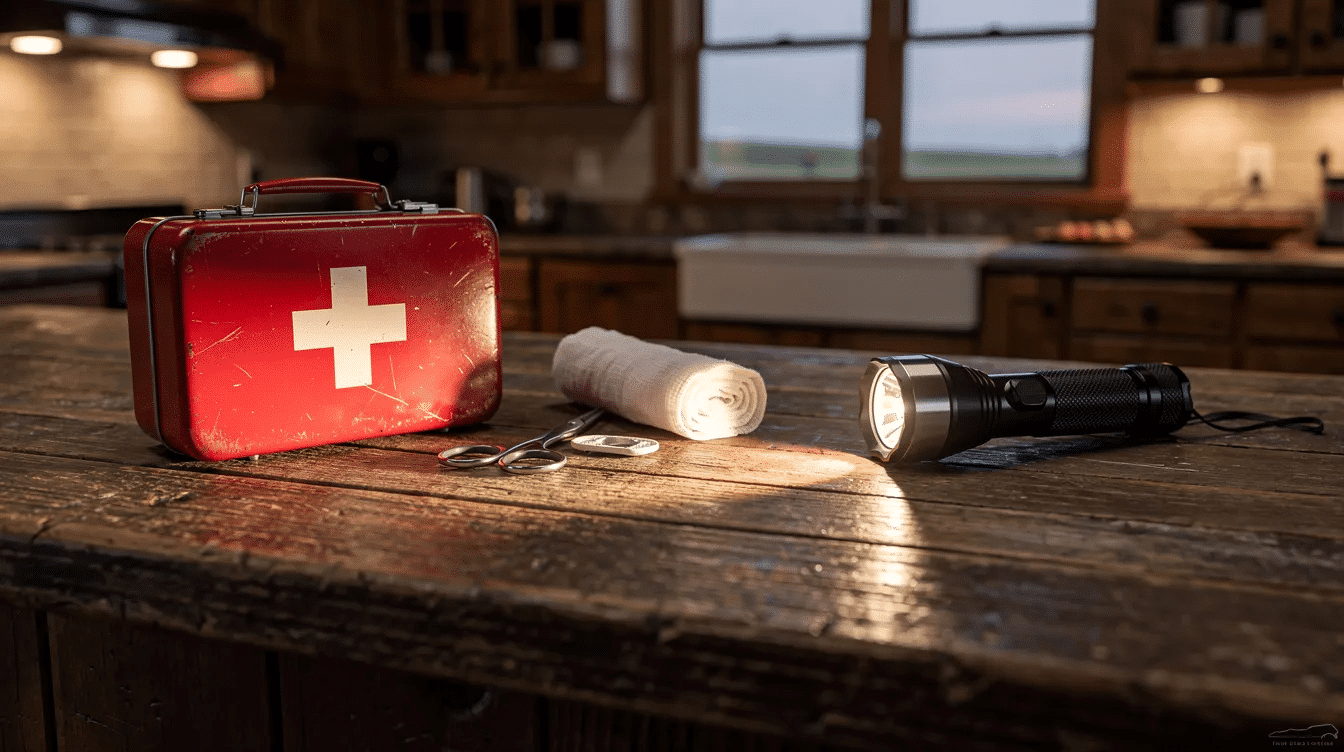 5b0d55d1-4898-45f3-a90e-76c09437437d - Ranch Style Homes USA A well-stocked first aid kit and a flashlight are placed on a ranch kitchen counter, emphasizing the importance of home safety for families, especially when teaching kids about potential risks on the farm. The scene highlights essential first aid supplies that can be crucial in emergencies.