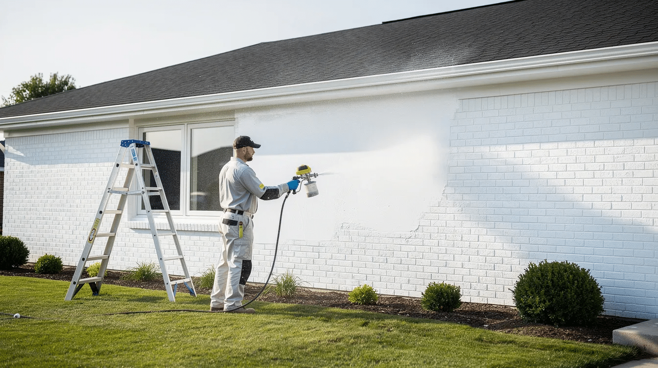 5bb75dfd-c21d-4c63-b6e0-aafc444e00da - Ranch Style Homes USA A professional painter is applying a fresh coat of white masonry paint to the exterior of a single-story brick ranch home, enhancing its curb appeal. The painted brick contrasts beautifully with the home's dark gray trim and front door, giving it a modern feel.