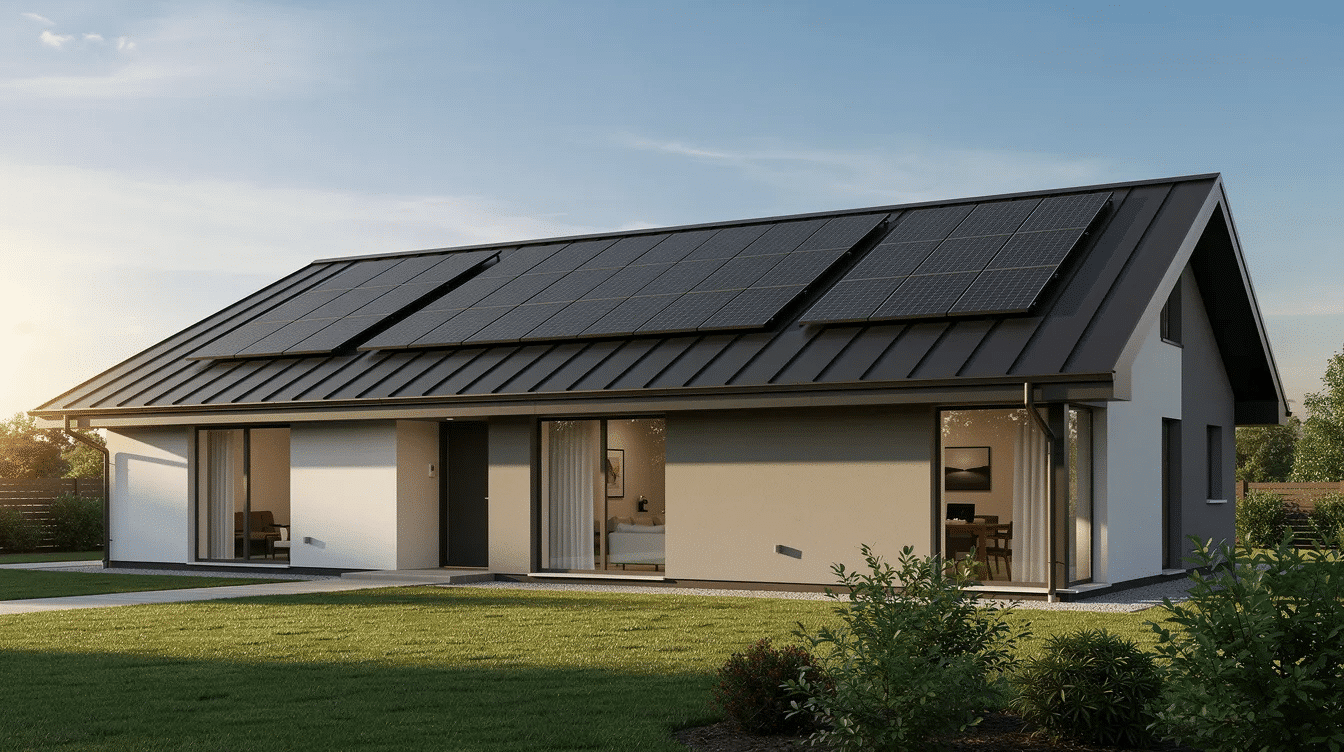 5cbbe5dc-e00e-4ac8-a7a5-226e0f523aa9 - Ranch Style Homes USA The image features a low ranch-style home topped with a matte metal roof, complemented by solar panels. This energy-efficient roofing system showcases the durability of metal roofing materials while providing a modern aesthetic.