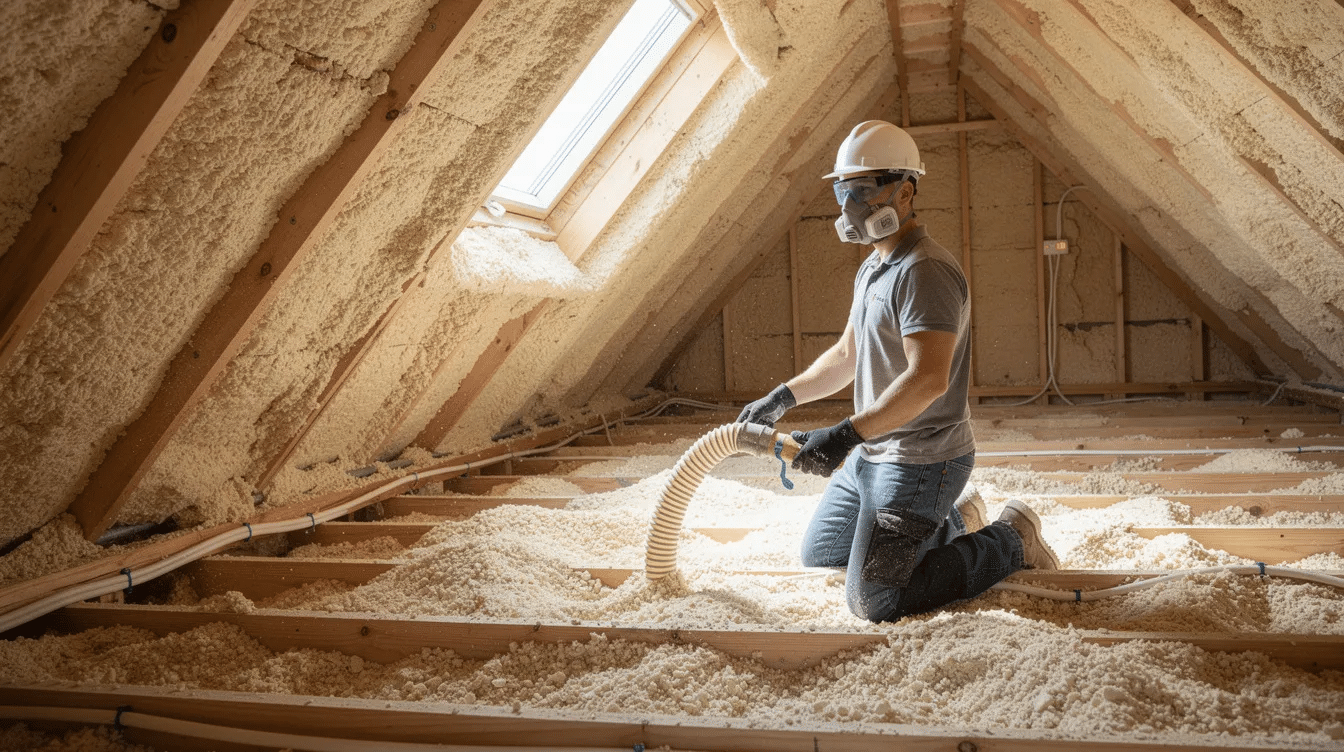 5e19b9ba-faf8-4560-8bf5-a6313b9da60a - Ranch Style Homes USA A worker is adding loose-fill insulation in a clean attic, enhancing the home's energy efficiency by sealing air leaks and improving insulation. This upgrade helps save energy, reduce energy bills, and create a more comfortable home year-round.
