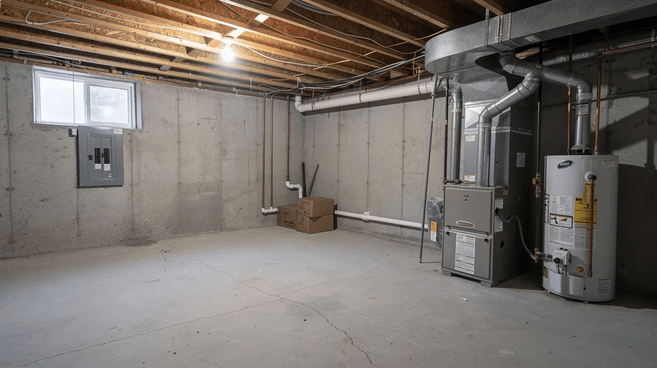 5e75013f-046d-4a53-a6b1-bb9176adb9a2 - Ranch Style Homes USA The image depicts an unfinished basement featuring bare concrete walls and various mechanical equipment, indicating a space that may serve as additional living space or storage. This area showcases the structural elements of house foundations, particularly a concrete slab foundation, which can be advantageous for stability and minimal maintenance.