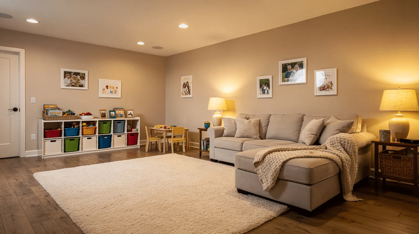 5fbb2af2-5427-4888-8dc2-54e46ff57229 - Ranch Style Homes USA The image depicts a cozy ranch basement playroom featuring a comfortable sectional sofa, a soft rug, and organized toy storage, all illuminated by warm lamps, creating an inviting space for family time and play. This finished basement area offers a perfect spot for kids to enjoy fun activities while providing a great room for relaxation and creativity.