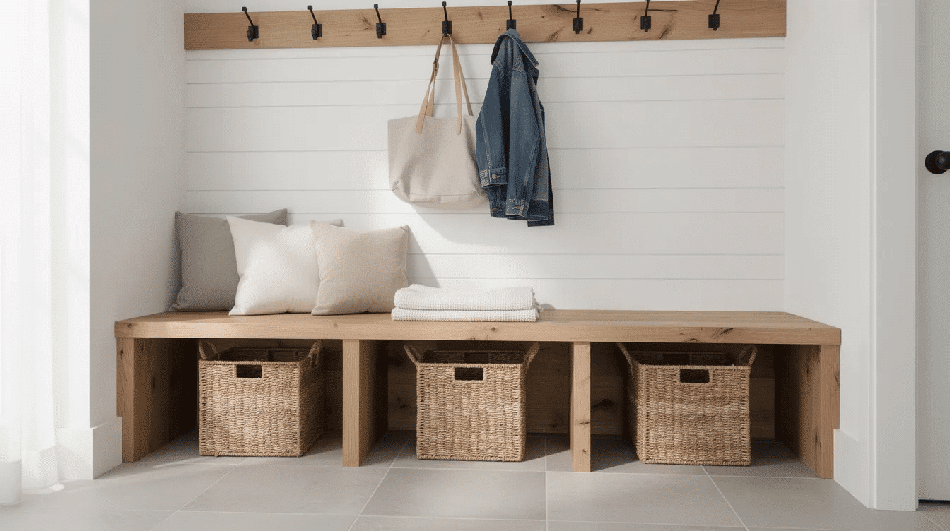 64e2fba8-f4d4-4b8f-b0e9-ffb40405ab34 - Ranch Style Homes USA The image features a DIY wood mudroom bench with open baskets underneath, providing organized mudroom storage for shoes, bags, and other items. The bright and airy space showcases a functional design that enhances the mudroom's overall makeover while maximizing storage in small spaces.