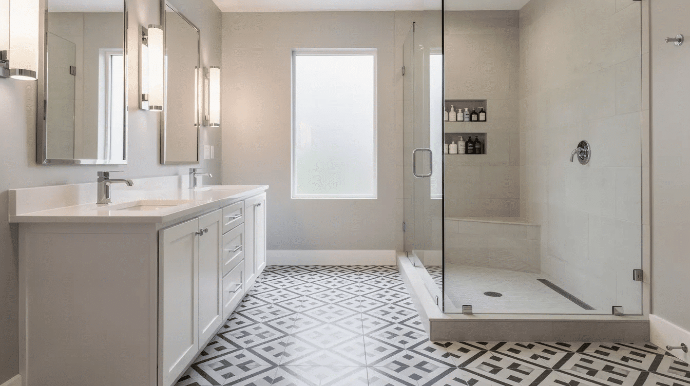 65818798-b1ec-4225-921b-1dd5a4f8800f - Ranch Style Homes USA The image showcases a beautifully renovated master bathroom featuring a spacious walk-in shower, a stylish double vanity, and elegant patterned floor tiles. The frameless glass enclosure enhances the modern aesthetic, creating an inviting space that reflects a major renovation in this ranch-style home.