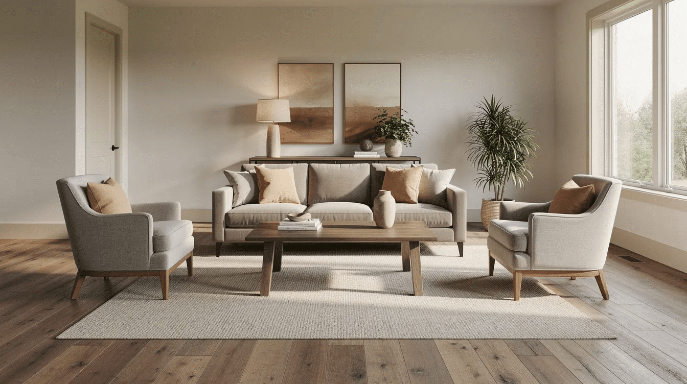 65ff8a1c-7a62-41f9-8ae2-06a2487621b0 - Ranch Style Homes USA The image depicts a neutral ranch living room featuring a correctly scaled rug, sofa, chairs, and coffee table that exemplify modern style. The balanced arrangement of furniture and thoughtful use of paint colors create an inviting space while avoiding common decorating mistakes.