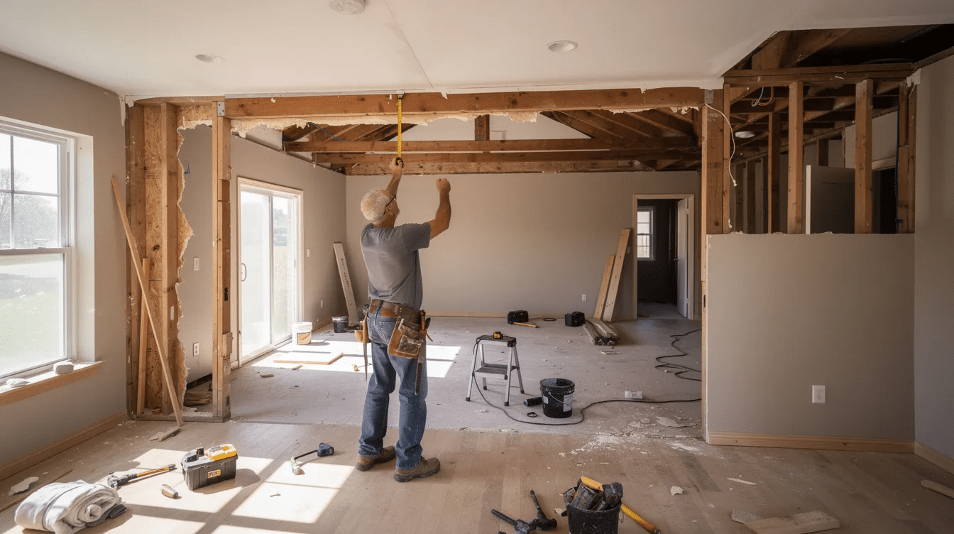 66d502f6-3761-4eb6-baf4-7687d00ae9cc - Ranch Style Homes USA A contractor is measuring an exposed beam opening inside a single story ranch home, showcasing the open floor plan that enhances the living space with natural light. The modern ranch style home features large windows and an inviting atmosphere, perfect for entertaining in the main living area.