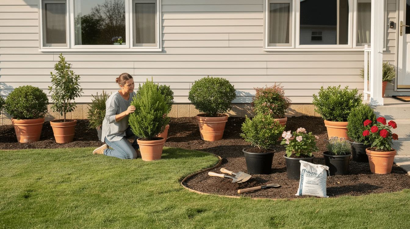 68451794-eeff-484c-a53f-bc2bbb1b78d5 - Ranch Style Homes USA A homeowner is carefully arranging various shrubs in pots, preparing to plant them in a curved foundation bed that will enhance the curb appeal of their ranch house. The scene includes elements of backyard landscaping, with a focus on creating a visually pleasing planting area that will improve drainage and suppress weeds near the house foundation.