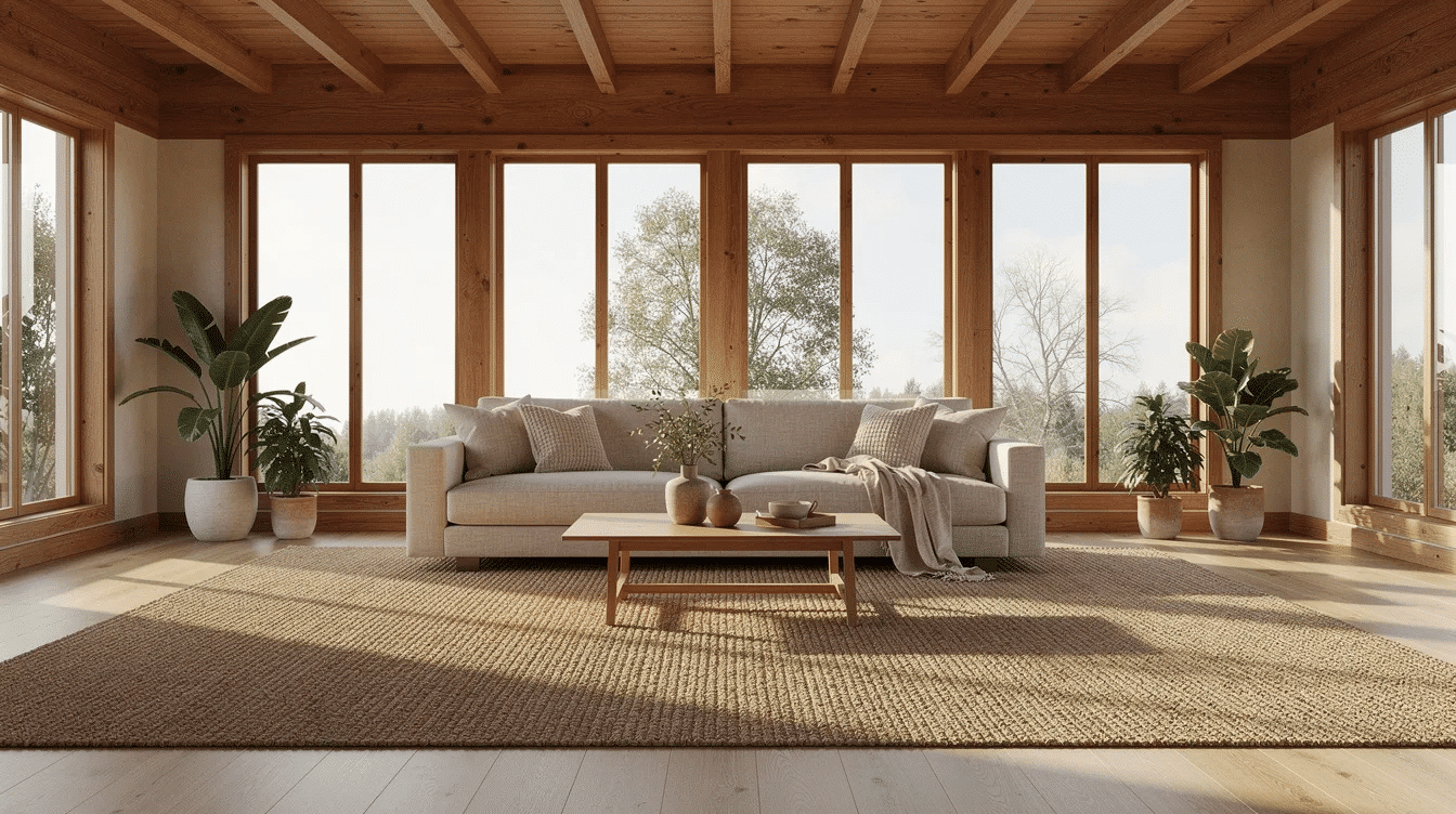 6c959289-0b7e-481a-bc4f-74e4b96f9b69 - Ranch Style Homes USA The image showcases a low ranch living room featuring warm wood accents, large windows that allow natural light to fill the space, a neutral-colored sofa, and a natural fiber rug on the floor. This modern style room exemplifies how to create a cozy atmosphere while avoiding common decorating mistakes, such as poor lighting and mismatched furniture.