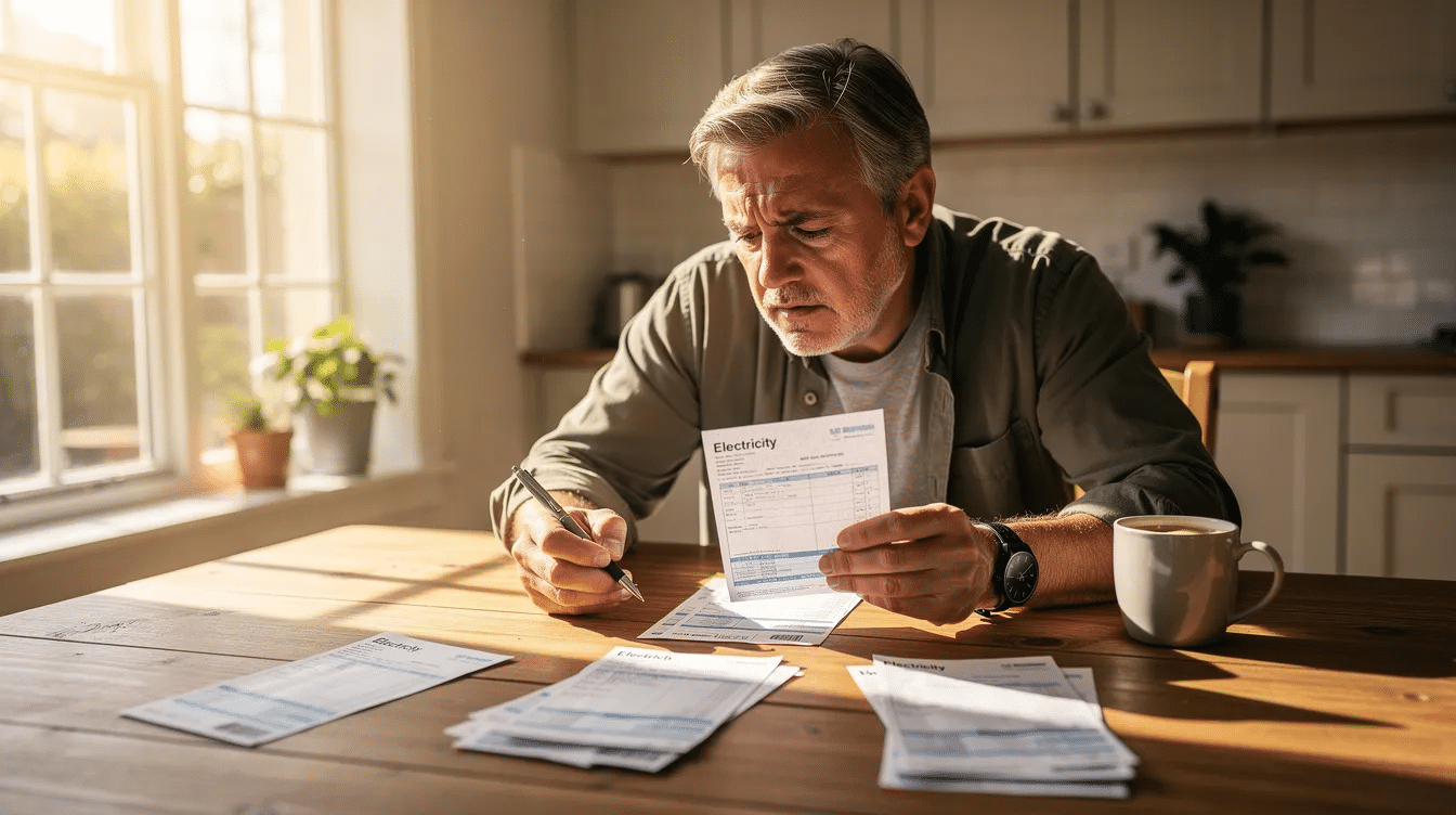 6e112341-e45f-43b5-9995-06bf05a7cdeb - Ranch Style Homes USA A homeowner sits at a kitchen table, reviewing their electricity bills while sunlight streams through a nearby window, contemplating the potential savings from installing solar panels. The scene reflects the consideration of solar energy systems and how they could impact future energy costs and savings.