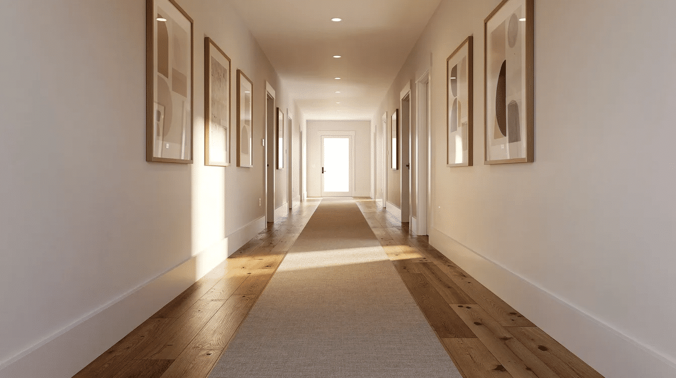 6e9cdaf0-3ea5-46d4-a9c1-4a745bd7ec8d - Ranch Style Homes USA The image depicts a long narrow hallway in a ranch house featuring warm white walls and beautiful hardwood floors. A stylish runner rug adds comfort, while framed art prints on the walls create visual interest and enhance the overall aesthetic of the space.