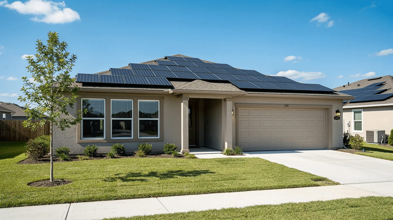 72d7ee41-b191-4af9-8efd-147912f7172f - Ranch Style Homes USA The image depicts a single-story ranch house with a roof covered in solar panels, set in a sunny neighborhood. This solar energy system represents a cost-effective solution for homeowners looking to save on electricity bills and take advantage of available solar incentives.
