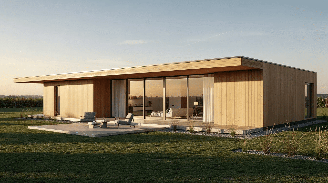 778b78b3-d544-494a-b38a-b661fe7ed610 - Ranch Style Homes USA The image depicts a minimalist ranch house featuring expansive glass walls and warm wood cladding, complemented by a simple patio that enhances the outdoor living space. This modern ranch style home showcases large windows that invite natural light, creating a seamless indoor-outdoor living experience.