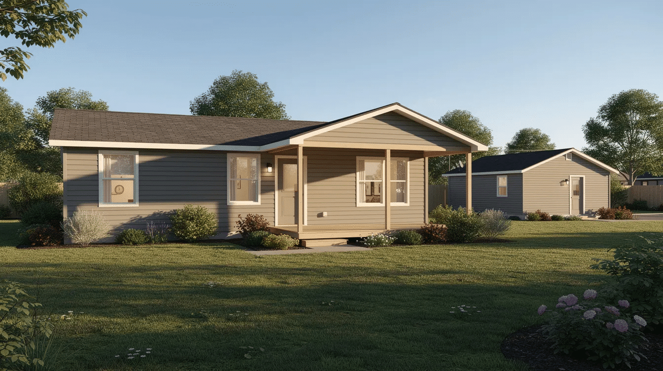 7c037e65-6c24-43ed-bc55-c56c6d904a0e - Ranch Style Homes USA The image depicts a small detached ranch-style cottage situated behind a larger single-story home, both featuring matching siding. This cozy accessory dwelling unit offers additional living space, ideal for accommodating family members, such as aging parents or adult children, in a multi-generational home setup.