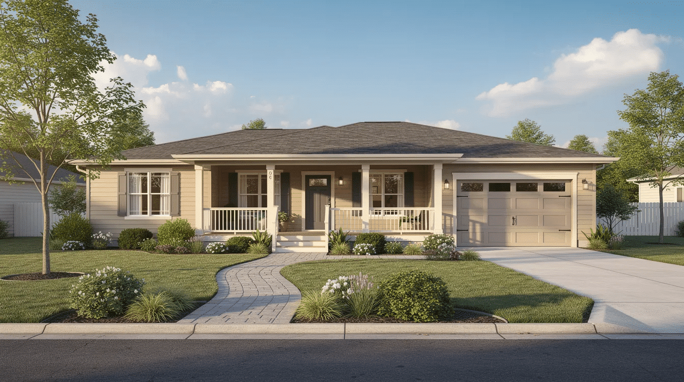 7ea4255e-670b-4623-bb10-d21f1f8b3688 - Ranch Style Homes USA This image features a single-story ranch home with a welcoming front porch, an attached garage, and a beautifully landscaped walkway that enhances the curb appeal. The design is ideal for multi-generational living, providing ample space for family members and potential in-law suites.