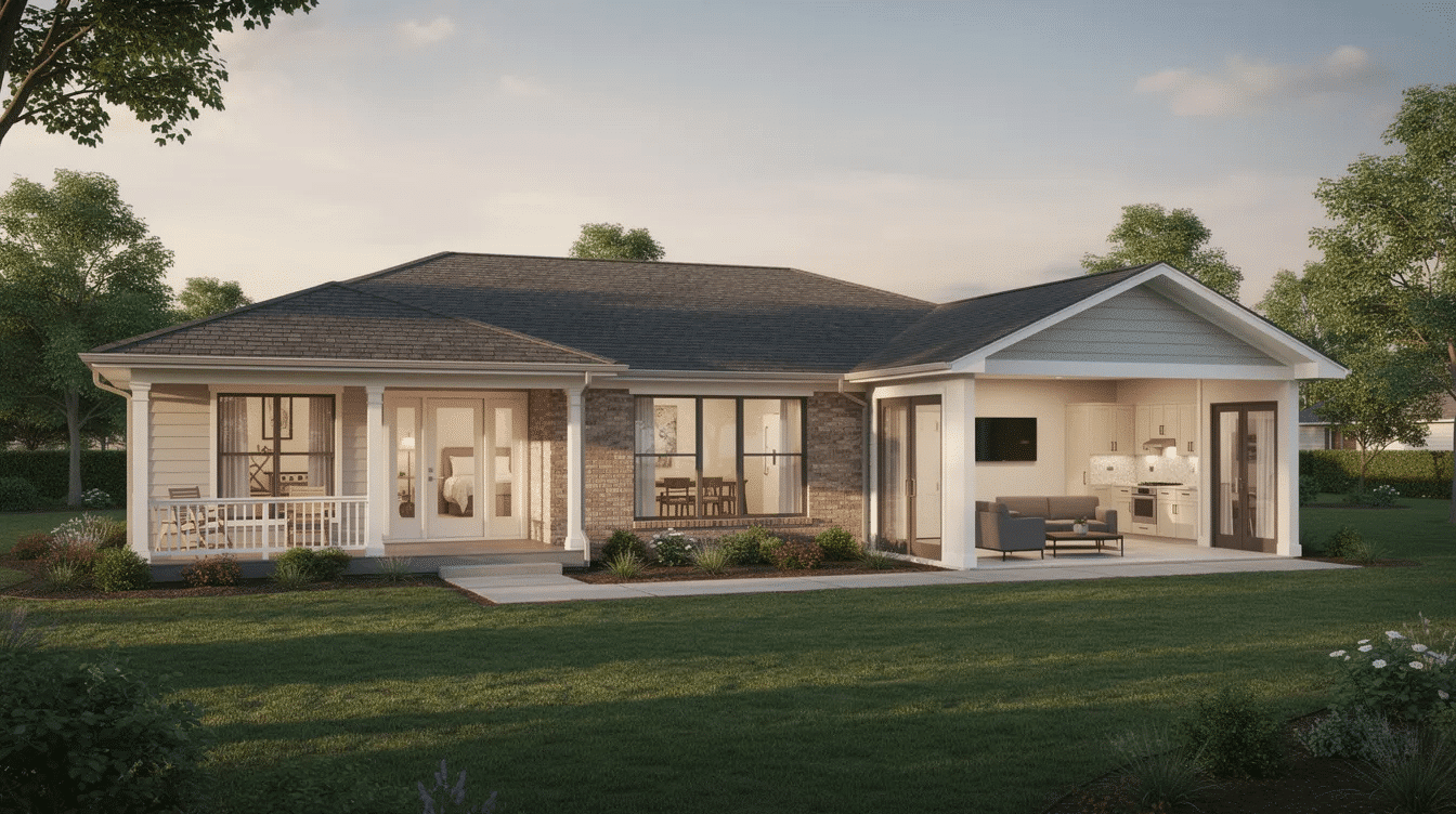 814c86d2-a4e1-4bcb-b623-f47be20cca33 - Ranch Style Homes USA The image depicts a traditional ranch-style home designed for multigenerational living, featuring an in-law suite that includes a private bedroom, bathroom, and kitchenette. The layout emphasizes separate living spaces for extended family members while maintaining communal areas like the great room and dining room, promoting connection among different generations.