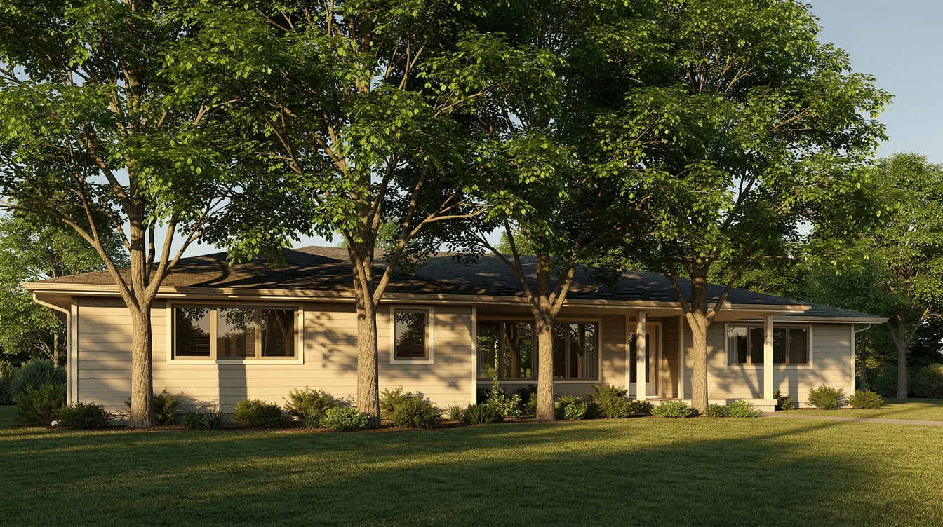 823d0857-640e-4533-99a8-d60fbcf6d6d0 - Ranch Style Homes USA The image depicts a ranch-style home shaded by tall deciduous trees, providing natural cooling and reducing direct sun exposure, which can enhance the home's energy efficiency. This strategic planting can help save energy by lowering cooling costs during the summer months.