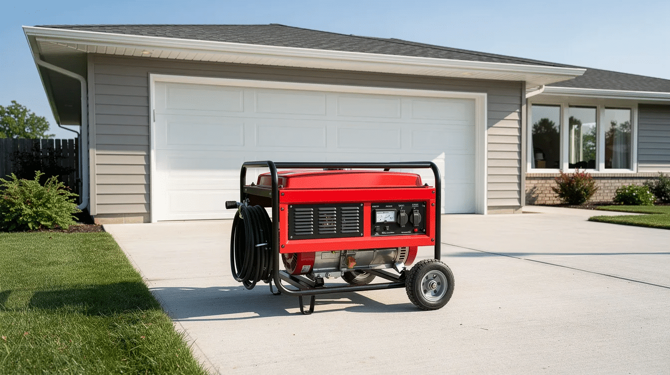 837ade92-170e-4145-b5d9-b812d82baf73 - Ranch Style Homes USA A portable generator is positioned outdoors on a driveway next to a ranch home garage, ready to provide backup power in case of a power outage. This unit, designed for convenience, can serve as a reliable fuel source for essential appliances and systems, ensuring peace of mind during extended outages.