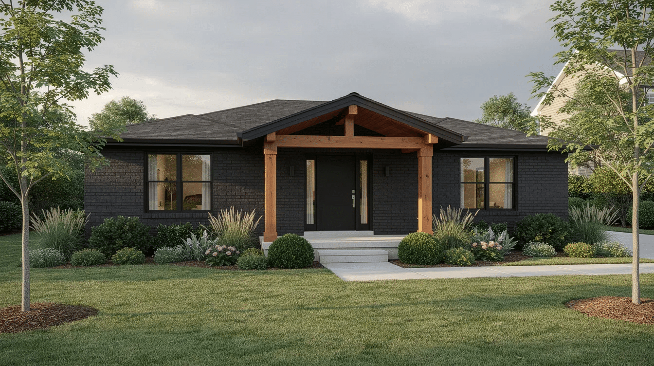 83ef8ac2-a0f3-4fb2-a414-f436c2cfc34d - Ranch Style Homes USA The image features a charcoal painted brick ranch house with cedar porch accents, surrounded by lush green landscaping that enhances the home's curb appeal. The contrast between the dark exterior paint and the vibrant greenery creates a stunning visual effect, highlighting the modern feel of this charming brick home.