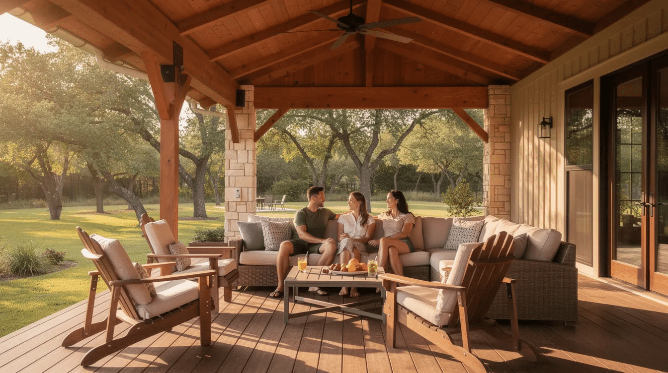 85b8f87a-9f5a-452b-bb75-ed605f4580eb - Ranch Style Homes USA A family enjoys a relaxing evening on a covered ranch patio, surrounded by trees in the backyard, with comfortable deck seating that enhances their outdoor living space. This inviting area exemplifies the charm of ranch style homes, perfect for family gatherings and creating lasting memories.