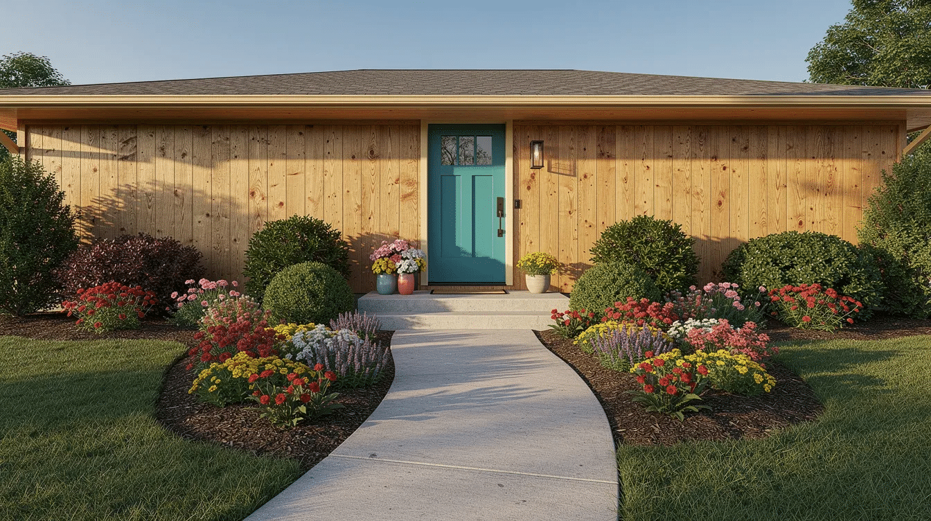 85e1485c-8742-46af-9fab-f5849df1d200-1 - Ranch Style Homes USA The image depicts a charming ranch home entrance featuring wood siding and a colorful front door, complemented by a curved walkway lined with vibrant shrubs and flowers. This traditional ranch house showcases curb appeal with its inviting design and landscaping, ideal for many homeowners seeking a classic look.