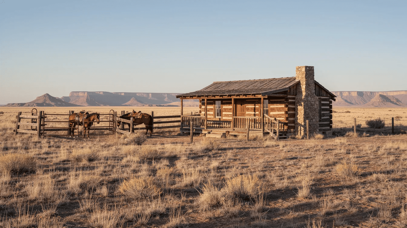 876e819d-a775-4128-ab4b-4a79e1effa76 - Ranch Style Homes USA A simple frontier cabin stands beside a corral filled with horses, surrounded by dry grass and distant mesas under a vast sky. This tranquil scene captures the essence of country life and the rugged beauty of the wilderness, reminiscent of the themes found in homesteading shows like