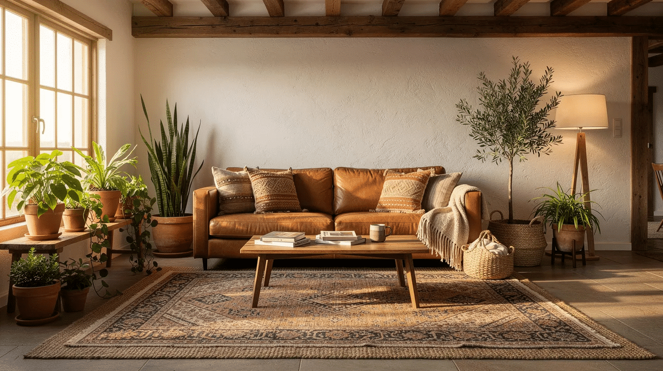 8834696f-d4e7-41d7-b902-9c57c68faa75 - Ranch Style Homes USA A cozy boho ranch living room features a leather sofa adorned with woven textiles, layered rugs underfoot, and an array of plants that bring a touch of nature indoors. Rustic wood beams and terracotta pots add charm and warmth to the stylish interior design, creating an inviting space full of texture and color.