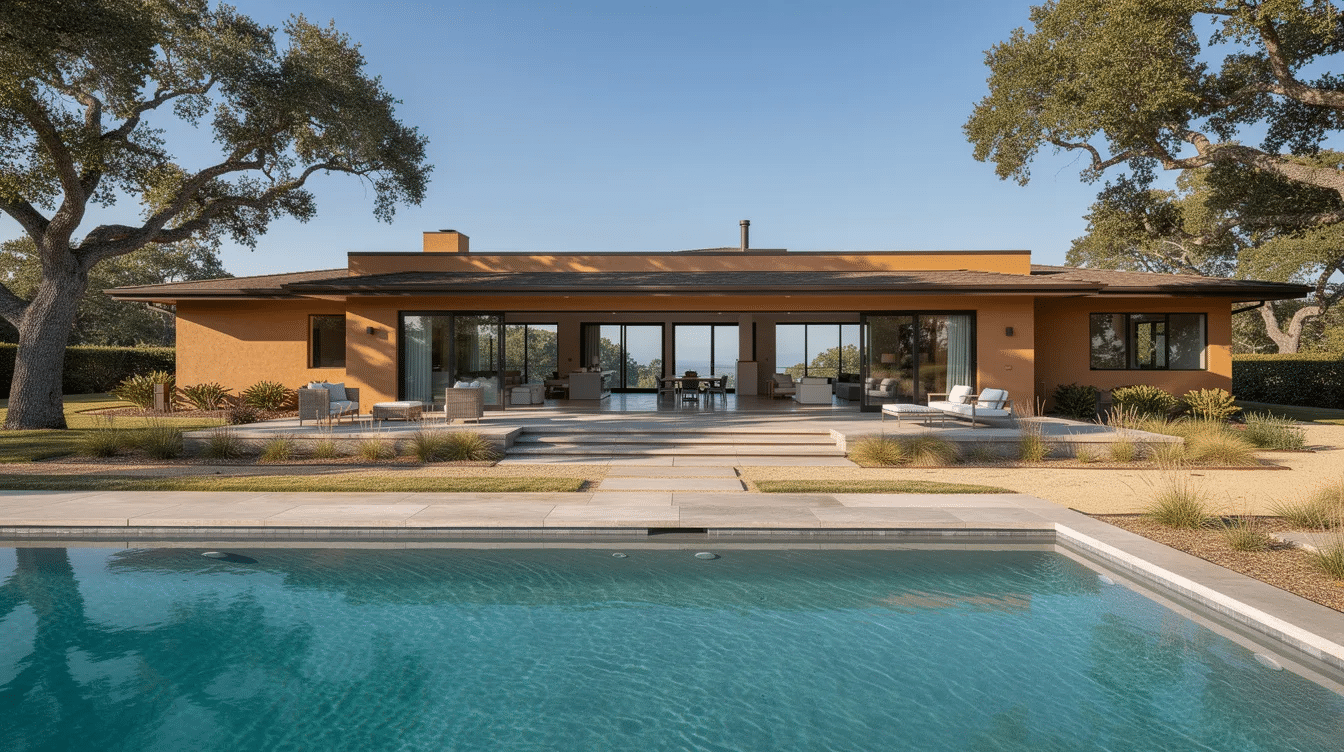 89cd9c49-3dff-4b41-9679-166ddc3bb83f - Ranch Style Homes USA The image depicts a sunny California ranch-style home featuring expansive sliding glass walls that open to a spacious patio and a sparkling swimming pool, surrounded by lush oak trees. This sprawling property embodies ranch life with its inviting outdoor living space, perfect for family gatherings and relaxation.